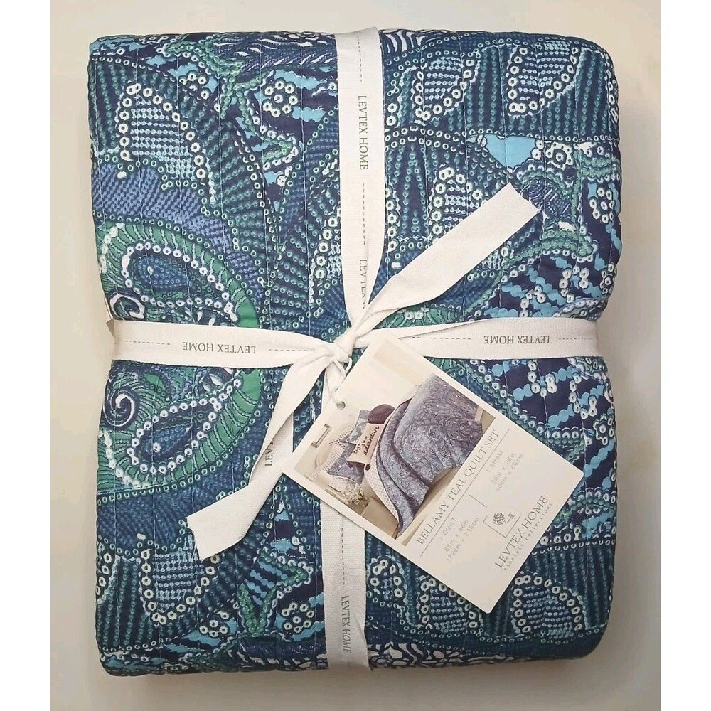 Levtex Twin 2 Peice Bellamy Teal Quilt Set Reversible Blue/Teal/White Print NEW